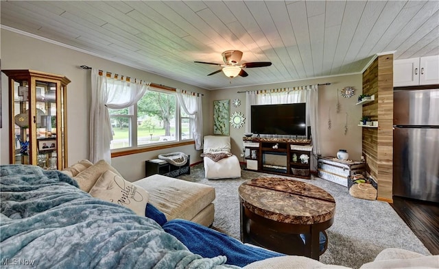 2463 NW Renner Dr NW, Dover, OH 44622 - living room featuring crown molding, a ceiling fan, wooden ceiling, and wood finished floors