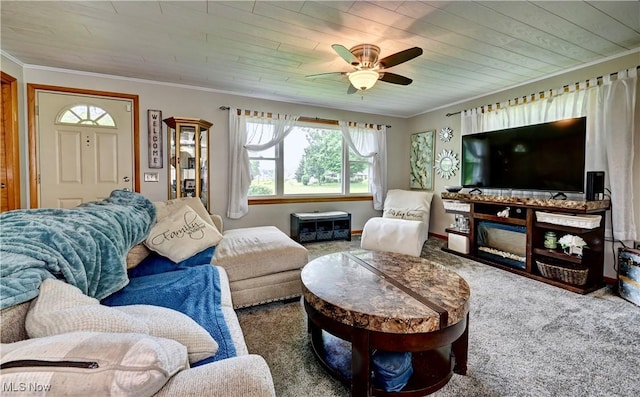 2463 NW Renner Dr NW, Dover, OH 44622 - carpeted living room featuring a ceiling fan, ornamental molding, and wooden ceiling