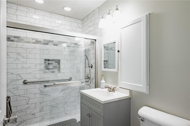 114 E 6th St, Williamstown, WV 26187 - bathroom with vanity, a stall shower, and recessed lighting