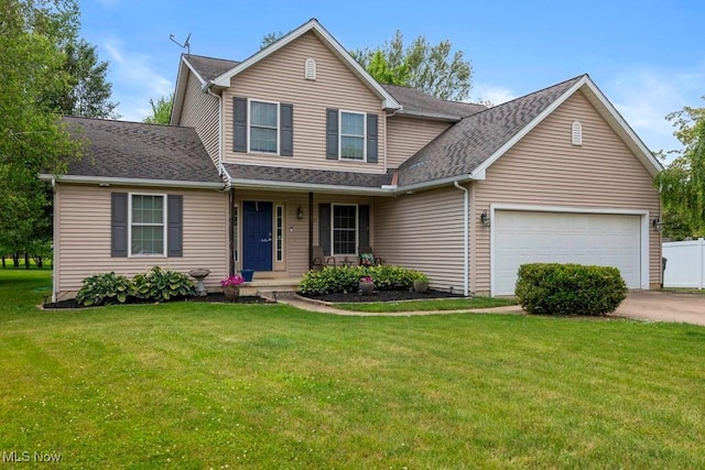 1005 Penn Ct, Grafton, OH 44044 - traditional-style house with an attached garage, a porch, a front lawn, concrete driveway, and roof with shingles