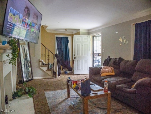 931 Yellowstone Rd, Cleveland, OH 44121 - living room with carpet and stairs