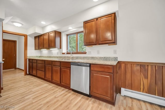 38038 Ridge Rd, Willoughby, OH 44094 - kitchen featuring stainless steel dishwasher, a baseboard radiator, light wood-style floors, brown cabinets, and recessed lighting