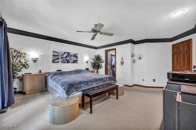 6869 Cliffside Dr, Vermilion, OH 44089 - bedroom featuring light carpet, ornamental molding, a textured ceiling, a spacious closet, and a ceiling fan