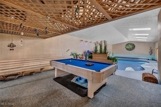6869 Cliffside Dr, Vermilion, OH 44089 - playroom featuring carpet flooring, a baseboard radiator, billiards, and vaulted ceiling
