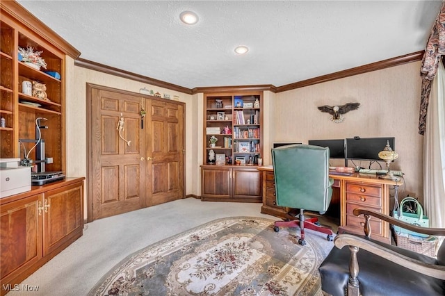 6869 Cliffside Dr, Vermilion, OH 44089 - home office featuring ornamental molding, light carpet, built in features, and a textured ceiling