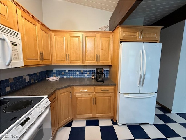 126 Stony Creek Dr, Millersburg, OH 44654 - kitchen featuring white appliances, light flooring, dark countertops, and decorative backsplash