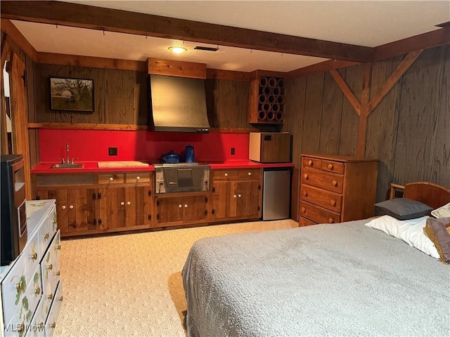 126 Stony Creek Dr, Millersburg, OH 44654 - bedroom featuring refrigerator, beam ceiling, wooden walls, and wet bar