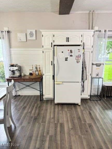 202 N Ray St, Baltic, OH 43804 - kitchen with freestanding refrigerator, dark wood finished floors, white cabinetry, and wainscoting