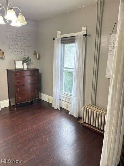 202 N Ray St, Baltic, OH 43804 - bedroom featuring radiator, a chandelier, and wood finished floors