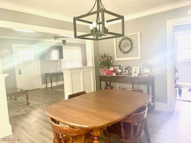 127 William St, Struthers, OH 44471 - dining area with wood finished floors, ornamental molding, a chandelier, and ceiling fan