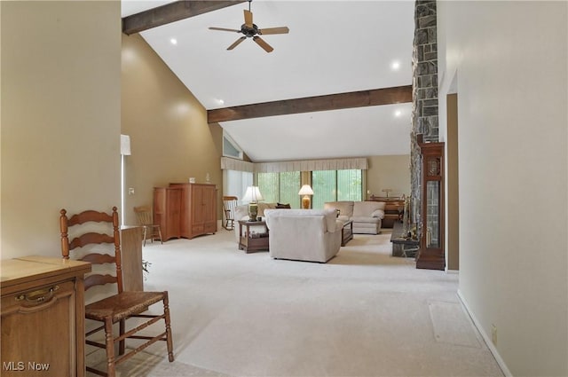 680-7 Windward Dr, Aurora, OH 44202 - living area featuring beamed ceiling, carpet floors, a ceiling fan, high vaulted ceiling, and recessed lighting