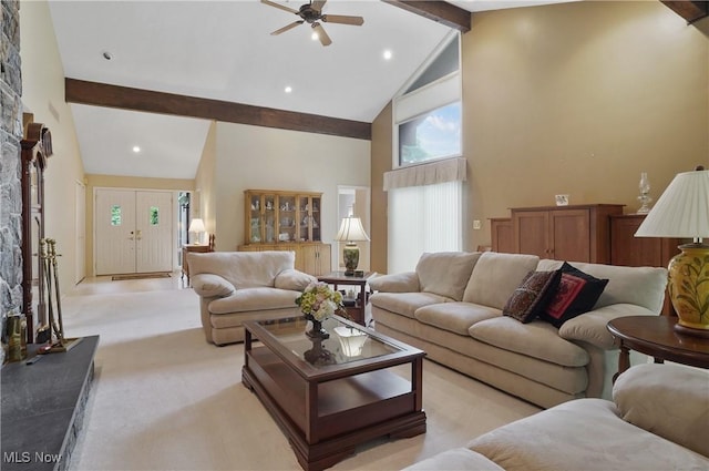 680-7 Windward Dr, Aurora, OH 44202 - living area featuring beam ceiling, high vaulted ceiling, a ceiling fan, light colored carpet, and recessed lighting