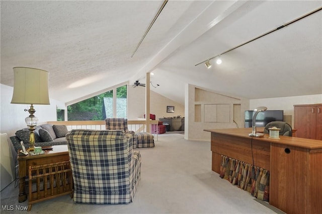 680-7 Windward Dr, Aurora, OH 44202 - carpeted living area with vaulted ceiling, a textured ceiling, and track lighting