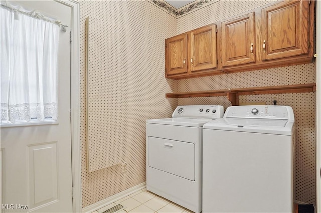 3773 N Shore Dr, Akron, OH 44333 - laundry room with washer and dryer, cabinet space, light tile patterned flooring, and wallpapered walls