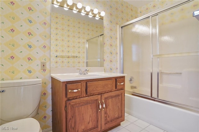 3773 N Shore Dr, Akron, OH 44333 - full bathroom featuring wallpapered walls, vanity, enclosed tub / shower combo, and tile patterned floors
