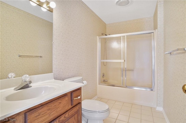 3773 N Shore Dr, Akron, OH 44333 - full bath with vanity, tile patterned flooring, bath / shower combo with glass door, and wallpapered walls