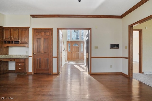 3773 N Shore Dr, Akron, OH 44333 - kitchen featuring dark wood finished floors, brown cabinets, and crown molding