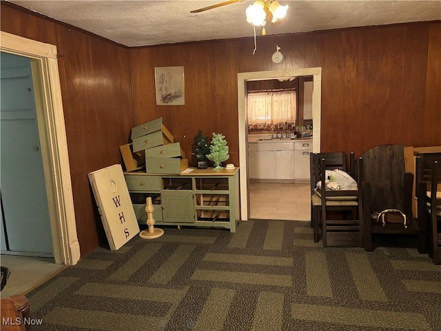 1209 Camden Ave, Parkersburg, WV 26101 - living area with a ceiling fan, wood walls, a textured ceiling, and carpet floors