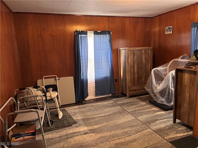 1209 Camden Ave, Parkersburg, WV 26101 - bedroom with dark carpet and wood walls