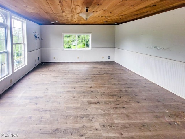 56612 Mcgee Rd, Shadyside, OH 43947 - empty room with wood finished floors, wooden ceiling, and wainscoting