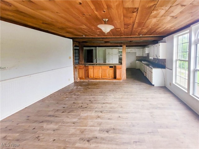 56612 Mcgee Rd, Shadyside, OH 43947 - unfurnished living room with wooden ceiling, light wood-type flooring, and a wainscoted wall