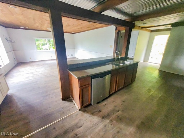 56612 Mcgee Rd, Shadyside, OH 43947 - kitchen with dishwasher, wood finished floors, dark countertops, brown cabinetry, and beam ceiling