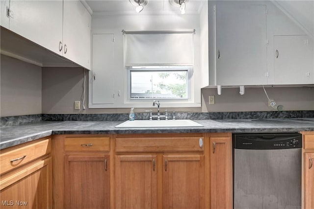 4465 Oberlin Ave, Lorain, OH 44053 - kitchen featuring stainless steel dishwasher, dark countertops, and brown cabinetry
