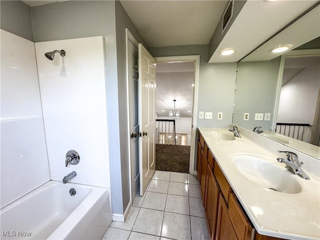 38 Lake Dr, Parkersburg, WV 26104 - bathroom with double vanity, shower / bathtub combination, tile patterned flooring, and recessed lighting