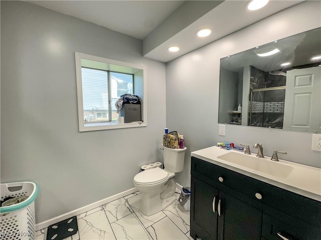 38 Lake Dr, Parkersburg, WV 26104 - full bathroom with a stall shower, vanity, recessed lighting, and marble look tiles