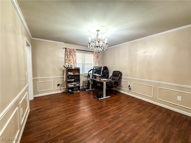 38 Lake Dr, Parkersburg, WV 26104 - office space featuring a decorative wall, a chandelier, ornamental molding, wood finished floors, and a wainscoted wall