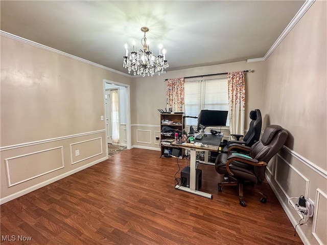 38 Lake Dr, Parkersburg, WV 26104 - office featuring crown molding, a decorative wall, a chandelier, wainscoting, and wood finished floors