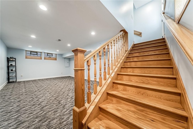 24690 Hawthorne Dr, Euclid, OH 44117 - staircase featuring carpet floors and recessed lighting