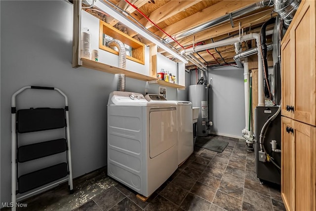 24690 Hawthorne Dr, Euclid, OH 44117 - laundry area featuring separate washer and dryer, gas water heater, and dark stone finish floors