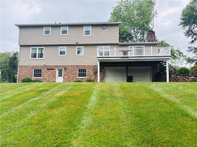 224 N Hills Dr, Parkersburg, WV 26104 - back of property featuring a garage, a chimney, brick siding, and a lawn