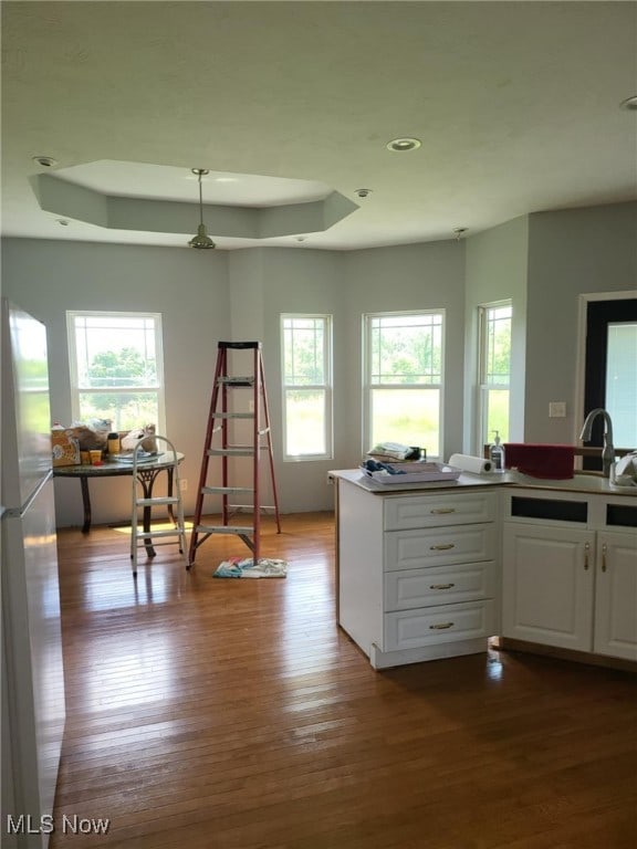 54856 Winding Hill Rd, Bellaire, OH 43906 - kitchen with a raised ceiling, healthy amount of natural light, white cabinetry, dark wood-style floors, and recessed lighting
