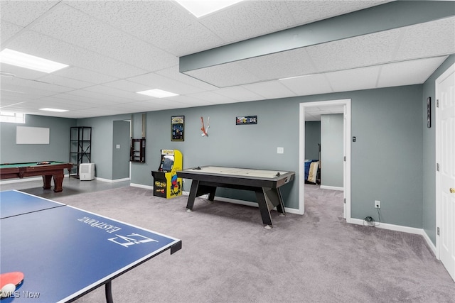 313 Crimson Cir, Campbell, OH 44405 - playroom featuring a paneled ceiling, carpet floors, and billiards table