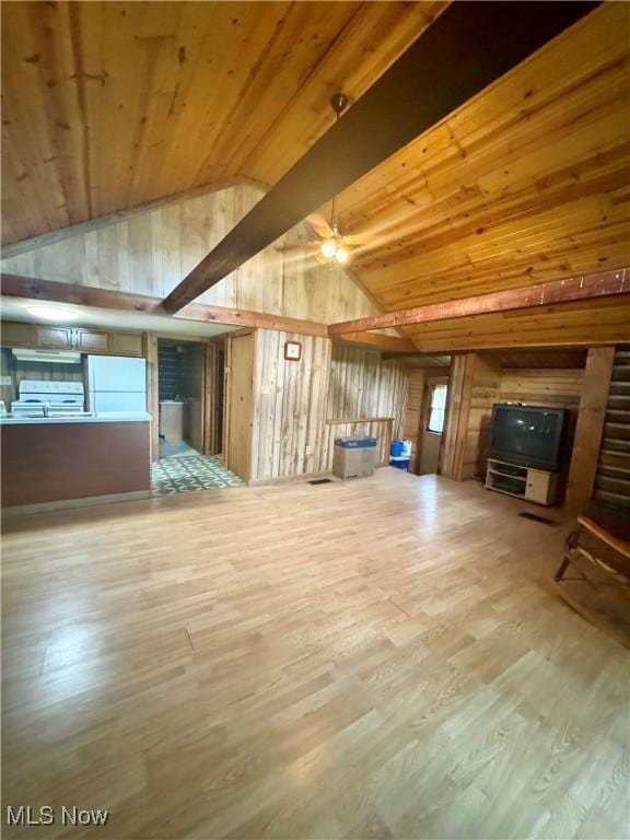 1917 Township Road 26, Killbuck, OH 44637 - unfurnished living room featuring wood finished floors, wood walls, wooden ceiling, a ceiling fan, and high vaulted ceiling