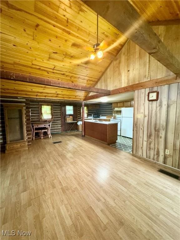 1917 Township Road 26, Killbuck, OH 44637 - unfurnished living room featuring wooden ceiling, wood finished floors, a ceiling fan, high vaulted ceiling, and wood walls