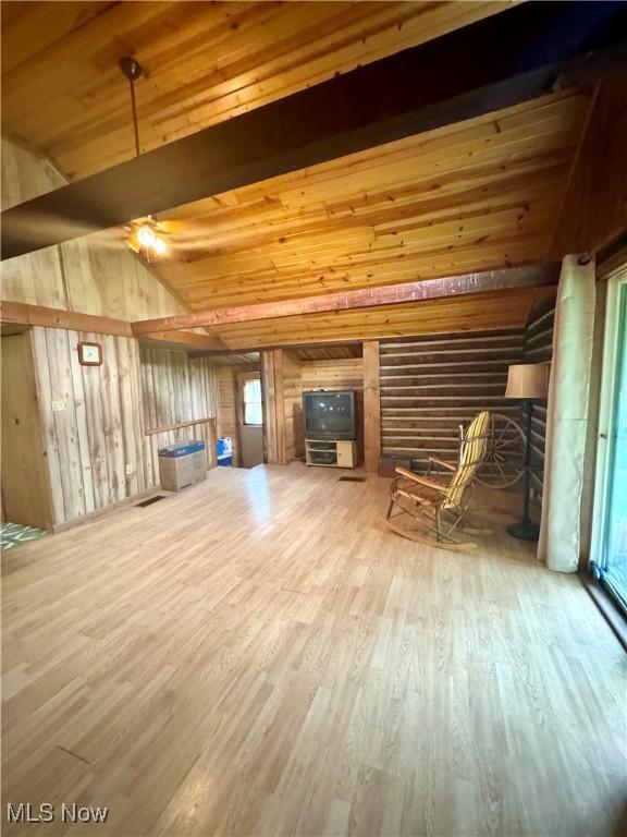 1917 Township Road 26, Killbuck, OH 44637 - unfurnished living room featuring wood finished floors, a ceiling fan, wood walls, wood ceiling, and healthy amount of natural light
