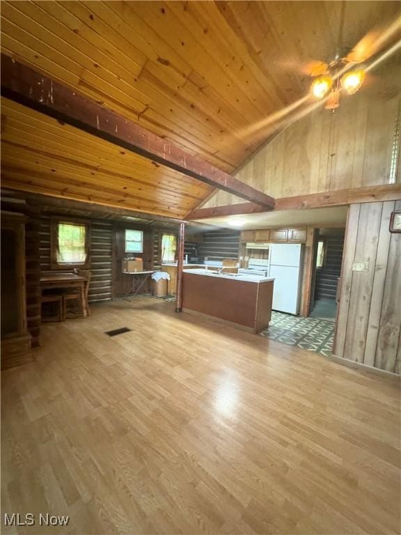 1917 Township Road 26, Killbuck, OH 44637 - unfurnished living room featuring wooden ceiling, wood finished floors, high vaulted ceiling, a ceiling fan, and wood walls