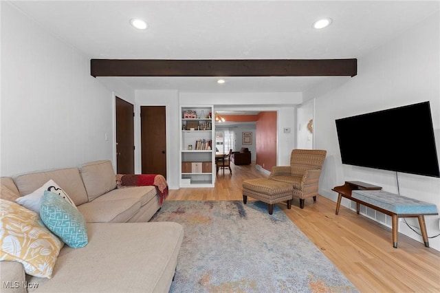 2632 S Green Rd, University Heights, OH 44122 - living area featuring beamed ceiling, light wood finished floors, recessed lighting, and built in shelves