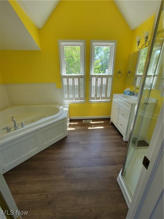 262 High St, Conneaut, OH 44030 - full bath with wood finished floors, lofted ceiling, vanity, a tub with jets, and a stall shower