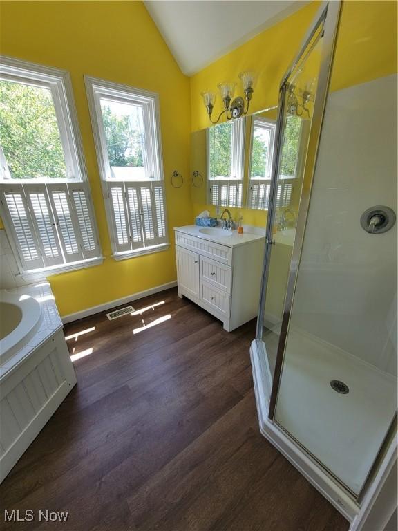 262 High St, Conneaut, OH 44030 - bathroom featuring lofted ceiling, wood finished floors, vanity, a stall shower, and healthy amount of natural light