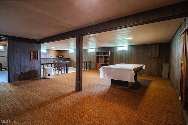 961 Slater Rd, Salem, OH 44460 - game room featuring carpet flooring, billiards, electric panel, and wooden walls