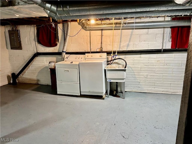 391 Cornell St, Akron, OH 44310 - unfinished basement featuring electric panel, separate washer and dryer, and concrete block wall