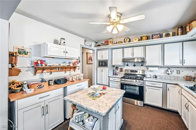 4477 S Warwick Dr, Canfield, OH 44406 - kitchen with appliances with stainless steel finishes, under cabinet range hood, ceiling fan, dark colored carpet, and white cabinets