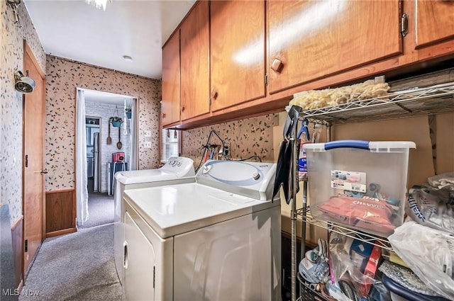 4477 S Warwick Dr, Canfield, OH 44406 - laundry area with wallpapered walls, cabinet space, washing machine and clothes dryer, and carpet floors