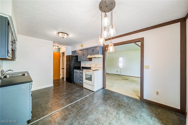 5523 Weston Ct Unit 88A, Willoughby, OH 44094 - kitchen with electric stove, freestanding refrigerator, dark countertops, under cabinet range hood, and dark floors