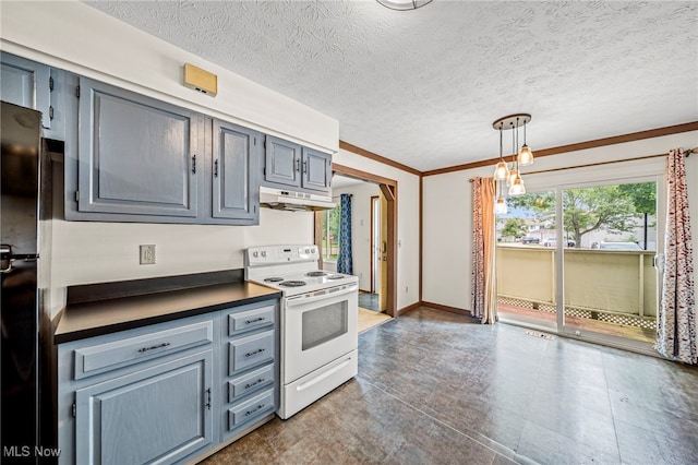 5523 Weston Ct Unit 88A, Willoughby, OH 44094 - kitchen with electric range, under cabinet range hood, dark countertops, gray cabinetry, and a textured ceiling