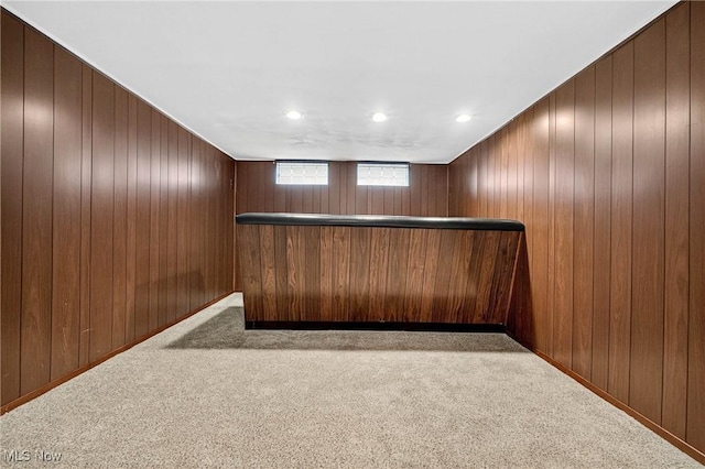 738 Sterling Rd, Wickliffe, OH 44092 - indoor dry bar with carpet flooring, elevator, wooden walls, and recessed lighting